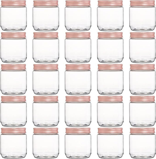 Fasmov 25 Pack 8 Ounce Clear Plastic Jars Containers with Rose Gold Lids, Round Empty Plastic Slime Storage Containers for Kitchen & Household Storage - BPA Free by Fasmov
