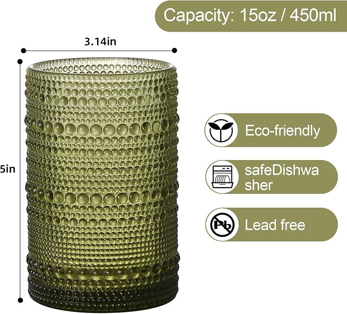 ZMOWIPDL Drinking Glasses Set of 6,15 oz Green Hobnail Glass Cups | Vintage Glassware，Embossed Water Tumbler,for Beer,Cocktail,Whiskey,Juice and Various Mixed Drinks- 1 Cleaning Brush - Image 2