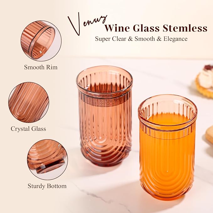 Venus Vintage Drinking Glasses Set of 6-17oz Hand-Blown Highball Ribbed Glassware, Arch Design Cocktail Glasses for Whiskey Water Beverages Ice Coffee Juice Milk - Image 4