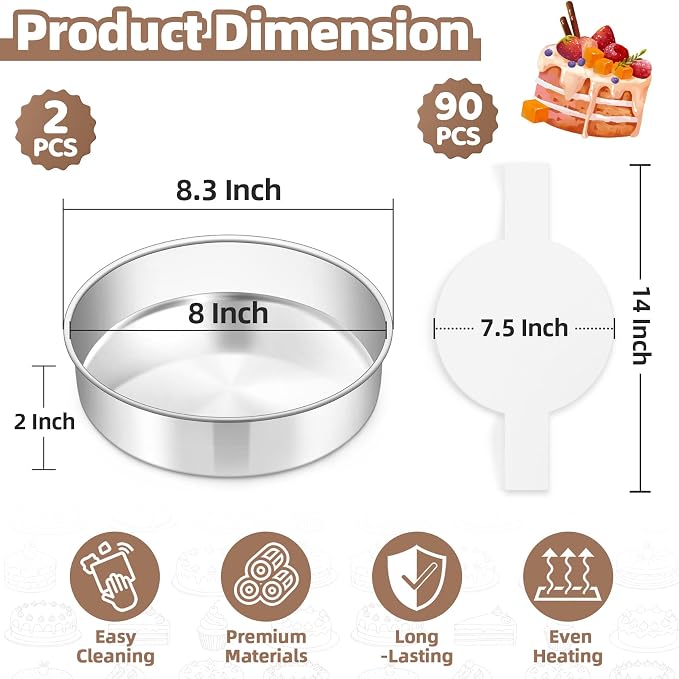 TeamFar 8 Inch Cake Pan Tins Set of 2, with 90 Pcs Parchment Paper | Stainless Steel Round Layer Cake Bakeware for Birthday Wedding, Non-Toxic & Easy Release, Mirror Finish & Dishwasher Safe - Image 2
