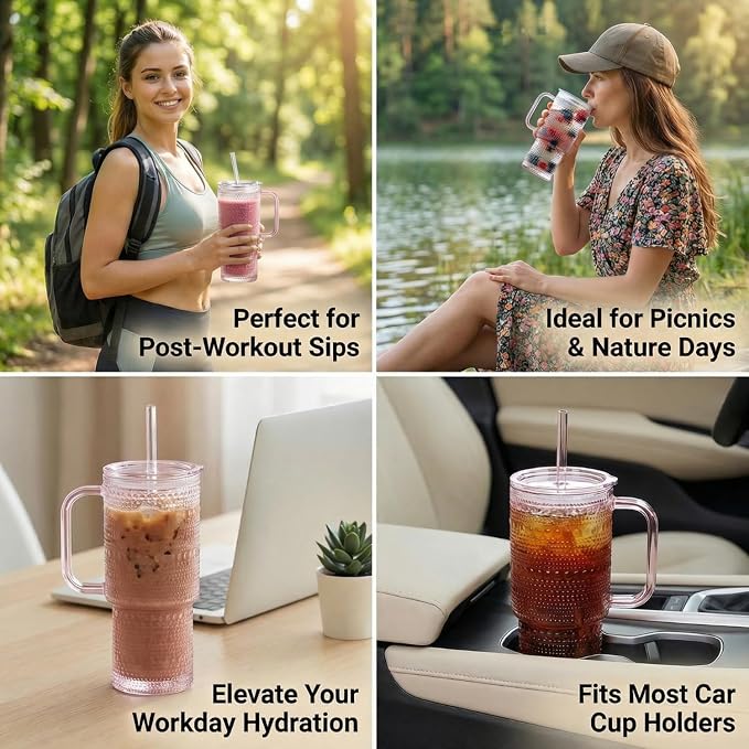 20 oz Pink Glass Tumbler with Lid and Straw, Glass Iced Coffee Cups, Spill-proof Glasses Tumbler with Handle, Glasses Drinking Set of 4, Vintage Glassware for Cocktail, Smoothies - Image 5