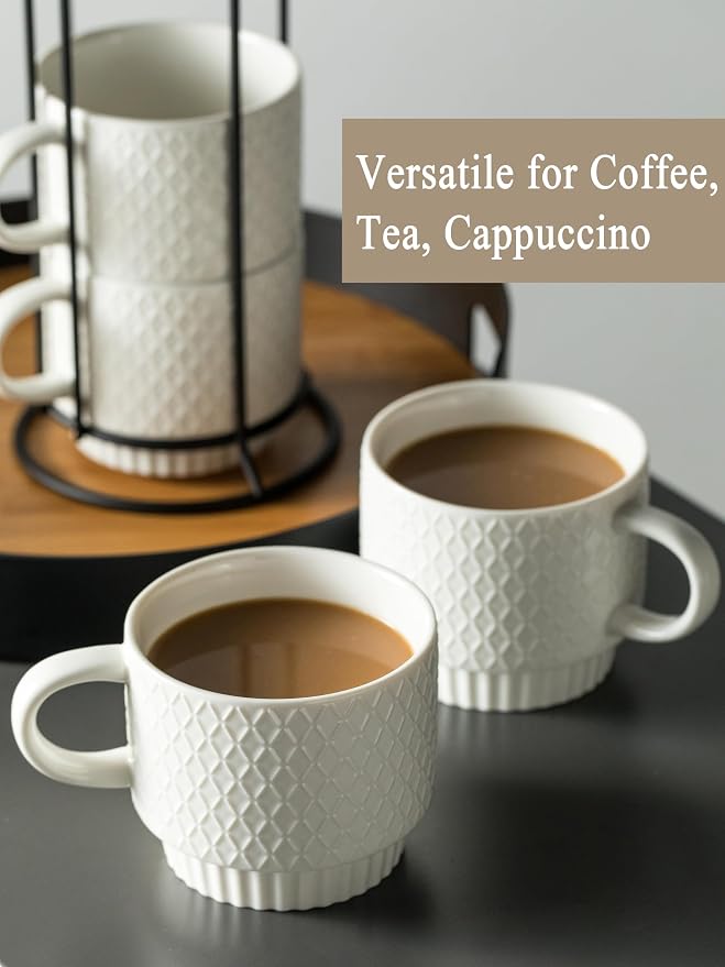 Gomakren Stackable 13oz Coffee Mugs Set of 4 with Stand & Spoons, White | Large Capacity for Cappuccino Coffee Milk Tea Drinks | Embossed Stoneware Mugs, Black Metal Rack, Microwave/Dishwasher Safe - Image 6