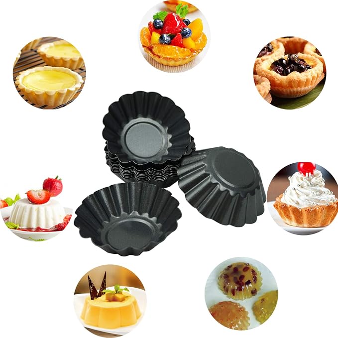 12 Pack Egg Tart Pan, Non-Stick Carbon Steel Tartlet Tins, Mini Pie Mould, Muffin Cupcake Pudding Baking Cup Maker - for Pies, Chinese Egg Tart, Cakes(Black L) - Image 3