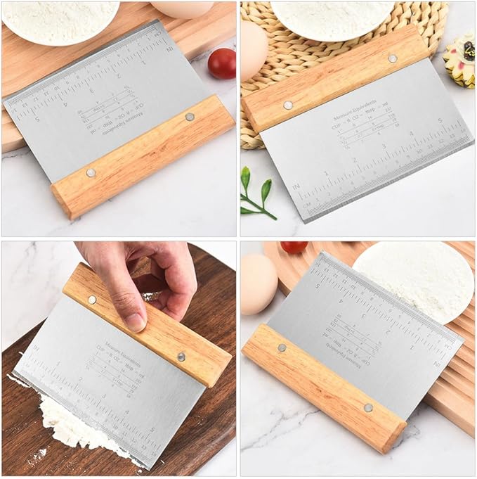 SHOWERORO 2pcs Handheld Dough Cutter Tool with Scale Stainless Steel and Wood Pastry Scraper for Easy Dough and Pizza Cutting, Multipurpose Kitchen Tool for Baking and Food Preparation - Image 4