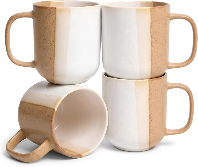 SANGO Phoebe Caramel/White Coffee Mugs Set of 4, 15 oz Stoneware Coffee Mug Set, Big Glossy Ceramic Tea Cup for Cappuccino, Latte, Cocoa, Large Coffee Cups with Handle, Microwave & Dishwasher Safe by Sango