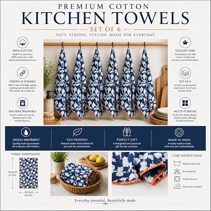 Printed Kitchen Dish Bar and Tea Towels Cotton, 18x28 inch with Trims, Cotton Dish Towel Sets (Allover Blue, Set of 6) - Image 3