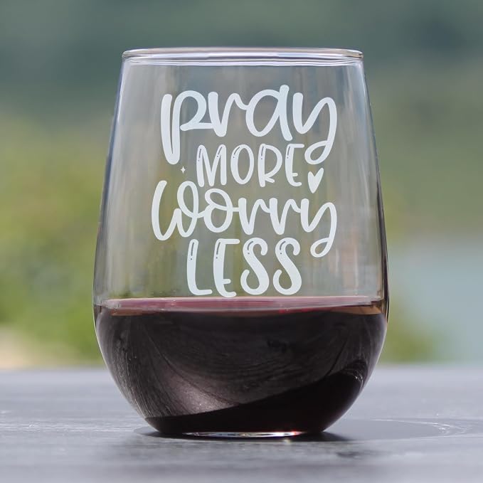 Pray More Worry Less 17oz Stemless Wine Glass, Hand Engraved Etched Glassware, Christian Inspiration - Image 2