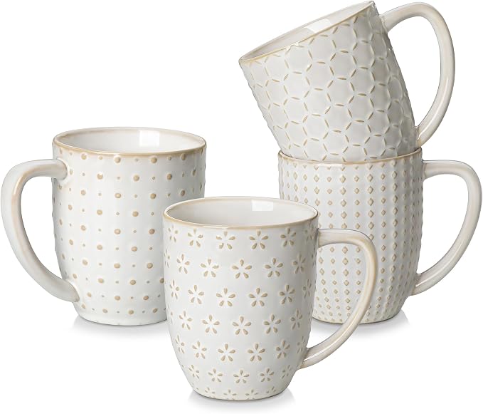 MALACASA LYDIA 16 Oz Coffee Mugs Set of 4, Ceramic Embossed Cups | For Coffee, Latte, Cappuccino, Tea, Dishwasher, Microwave Safe, Lead-Free Ceramic, Comfortable Handle, Gift Set by MALACASA