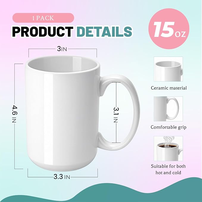 Joyclub 1 Set Sublimation Mugs Blank 15 oz Coffee Mugs Bulk White Ceramic Cups with Handle Tazas Para Sublimar for Coffee Latte Tea Milk Soup DIY Gifts - Image 3