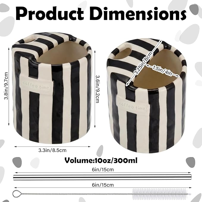 1 Pack Ceramic Coffee Mug with Sip Hole Espresso Cup 10oz with Straws Retro Hand Painted Striped Ceramic Iced Coffee Tea Travel Mug Latte Cup for Kitchen Dining (Simple,Black) - Image 2