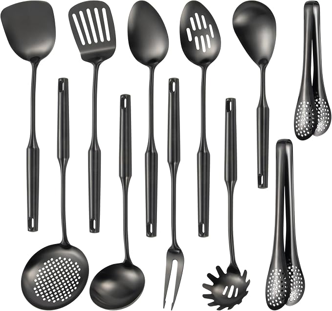 304 Stainlss Steel Matte Kitchen Utensils Set, 11 Pcs Long Metal Cooking Utensil Gadgets Tools Set with Spatula, Ladle, Spoon, Ladle, Skimmer, Tunner, Pasta Server, Tongs(Black, Dishwasher Safe) by Lazycorner