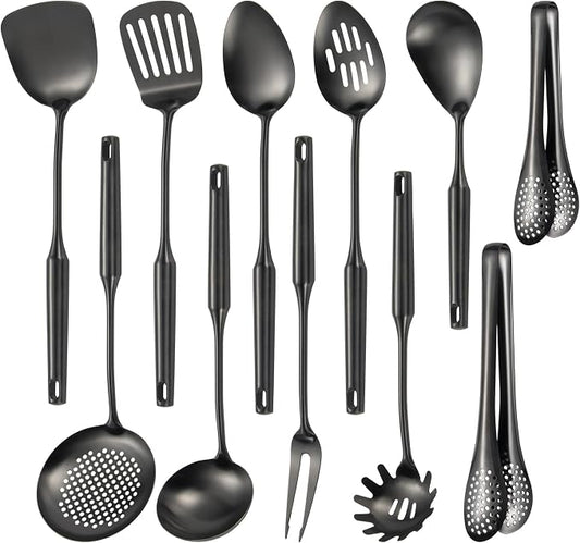 304 Stainlss Steel Matte Kitchen Utensils Set, 11 Pcs Long Metal Cooking Utensil Gadgets Tools Set with Spatula, Ladle, Spoon, Ladle, Skimmer, Tunner, Pasta Server, Tongs(Black, Dishwasher Safe) by Lazycorner
