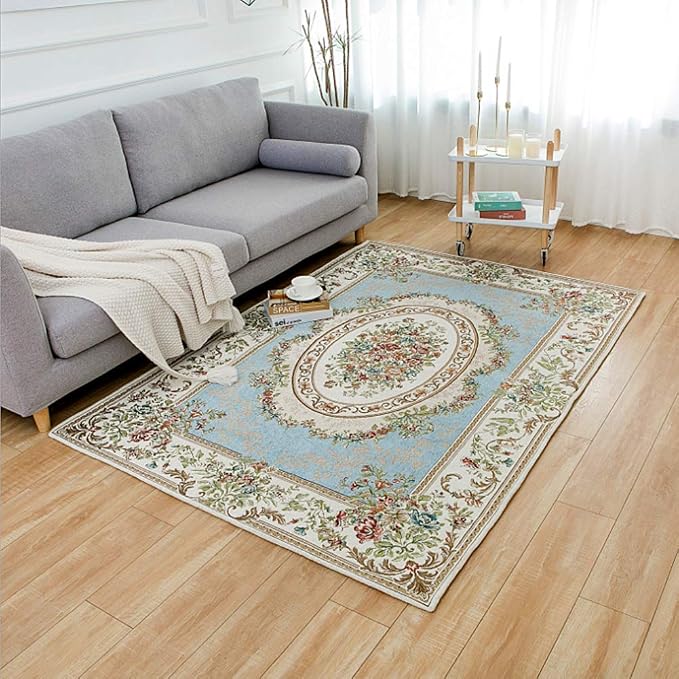 Rustic Floral Cotton Area Rugs Rural Rose Design Living Room Carpet Non-Slip Soft Floor Mat for Bedroom, 5' x 7' Country Blue - Image 3