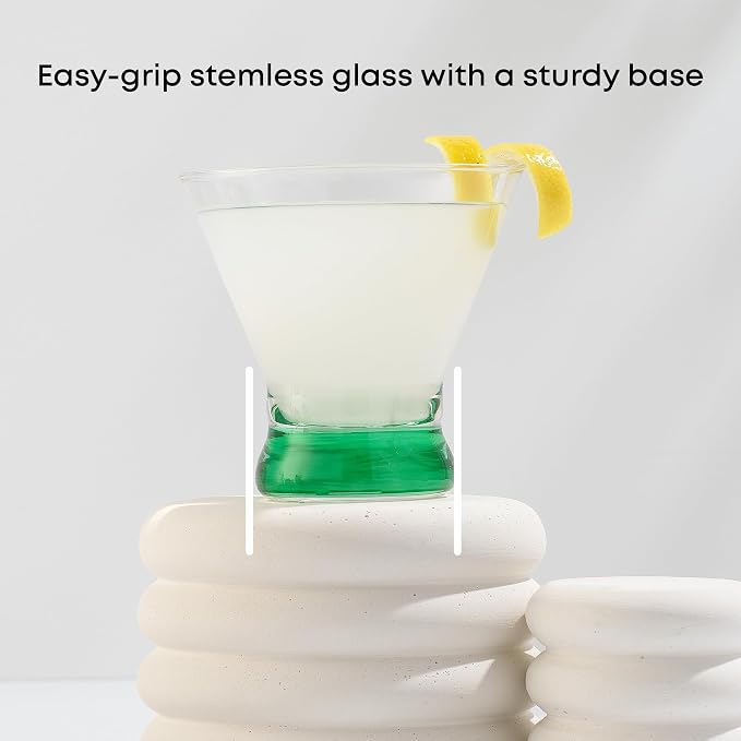 JoyJolt Hue 7.5oz Martini Glasses, Cocktail Glassware Set of 6, Colored Glass Base, Stemless Drinking Glasses for Margarita, Bar, Shrimp Cocktail, Juice - Image 6