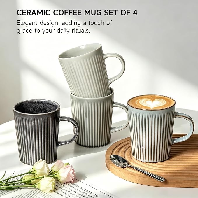 Coffee Mugs Set of 4, 18oz Large Striped Stoneware Coffee Cups with Handle | Handmade Ceramic Mugs Set for Women and Men, Dishwasher and Microwave Safe, Suitable for Hot Coffee, Tea, Cocoa, Milk, Glossy - Image 3