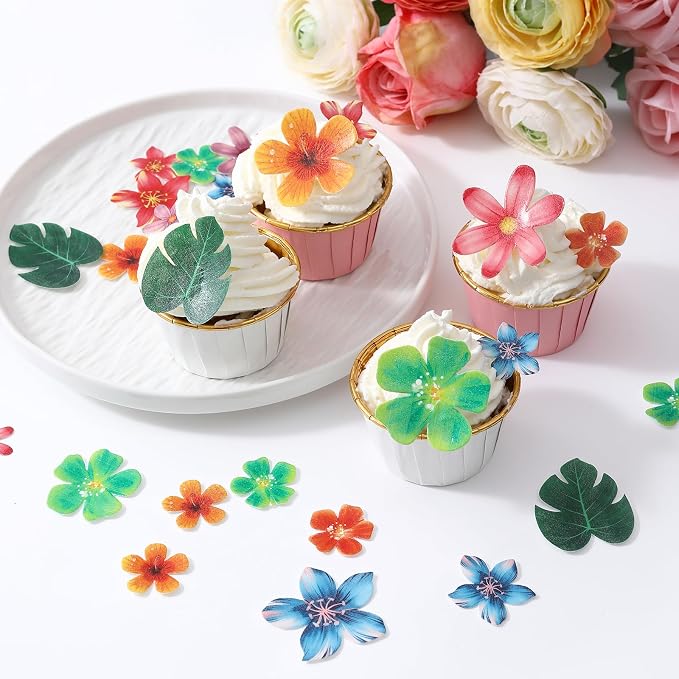 64pcs Edible Tropical Turtle Leaves Flowers Cake Toppers THJ Edible Palm Leaf Flowers Cupcake Toppers Wafer Paper Leaves Decorations for Jungle Hawaii Theme Baby Shower Kids Birthday Party Supplies - Image 3