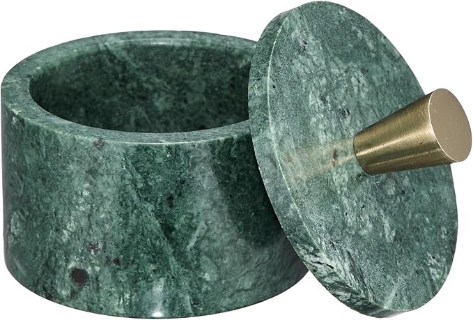 Queenza Green Marble Salt Cellar with Lid & Brass Knob - Natural Marble Spice Container for Kitchen Countertop, Gourmet Salt Holder, Small Decorative Storage Box, Gift for Home Chef - Image 7