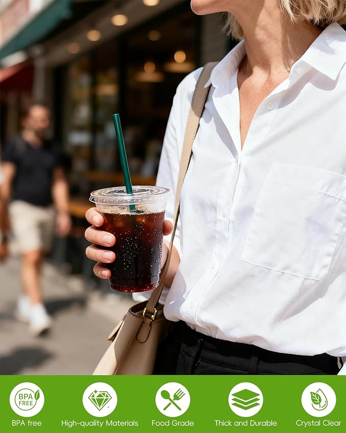 Goodluck 100 Pack 20oz Plastic Cups with Lids and Green Straws, Clear Disposable Iced Coffee Cups, Food Safe Cold Drink Cups for Bubble Tea, Smoothies & Shakes, BPA Free