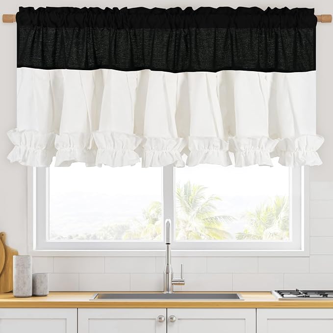 Likiyol Linen Valances for Windows Farmhouse Ruffle Valance Rustic Country Window Valances Light Filtering Kitchen Curtains Rod Pocket Valance Curtains for Bathroom Cafe, Black White, 52" W X 18" L - Image 3