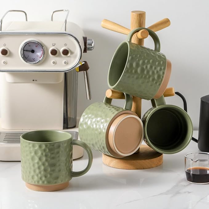 Nihow 16OZ Stackable Coffee Mug Set, Large Ceramic Coffee Mug Set of 4,Coffee Cup Set for Cappuccino/Latte/Cocoa,Dishwasher & Microwave Safe, Matte Green - Image 5
