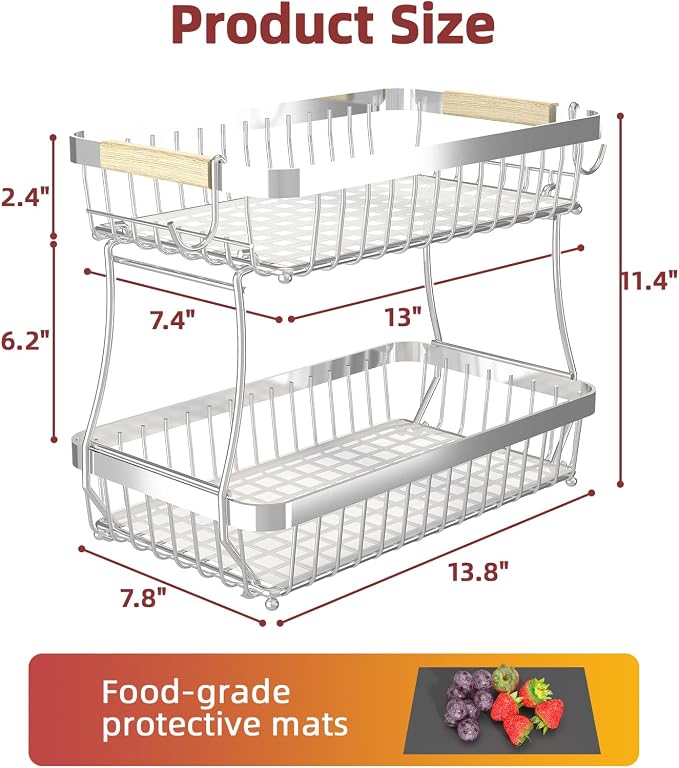 2-Tier Fruit Basket with Banana Hangers, Detachable Metal Bowl | Wooden handle, protective mats included. Versatile holder for bread, snacks, and veggies. Large 2 tier metal design. - Image 7