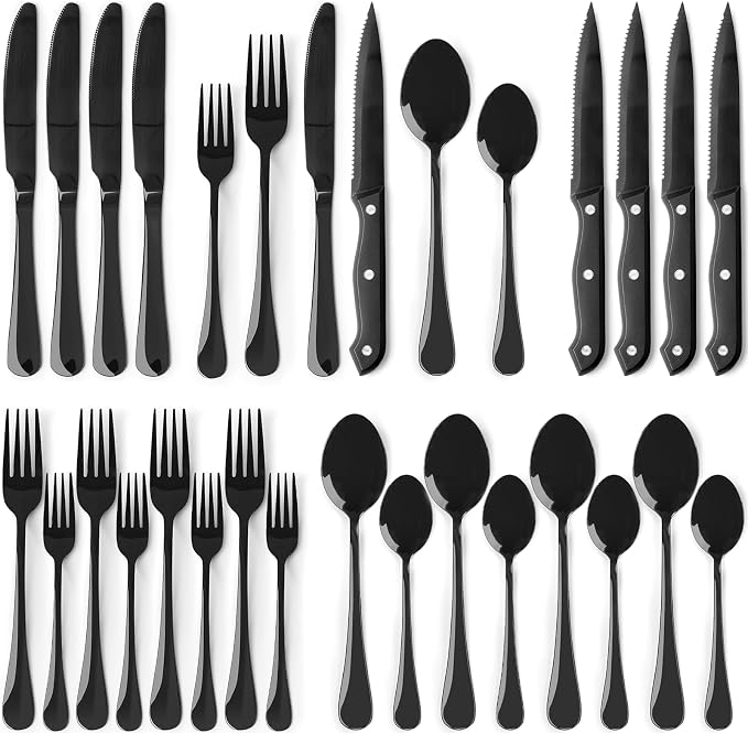 Astercook 24-Piece Black Silverware Set with Steak Knives Flatware Set for 4 Food-Grade Stainless Steel Cutlery Set Mirror Polished Utensils Set Include Spoons and Forks for Home Kitchen Restaurant by Astercook