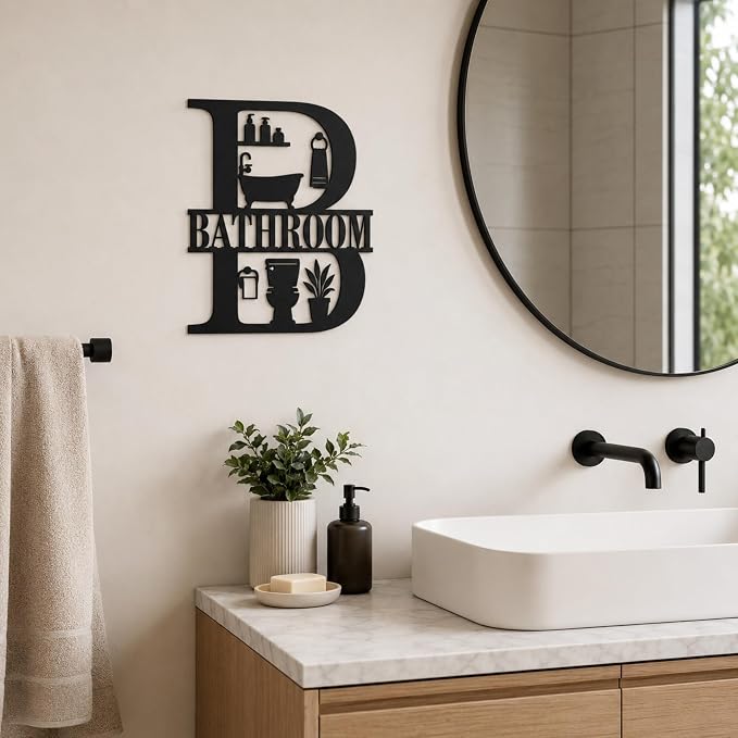 Bathroom Metal Wall Decor, Farmhouse Restroom Sign, 14 Inch | 14-inch matte black metal bathroom sign with pre-drilled holes for farmhouse, modern, or rustic restroom wall decor. - Image 9