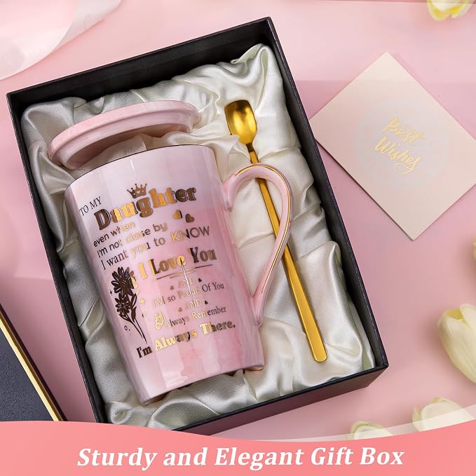 Daughter Birthday Gifts from Mom Dad - Unique 14oz Pink Marble Gold Print Coffee Mug, Lid, Spoon, Greeting Card, Presents for Wedding Blessing, Thanksgiving, Valentines, Graduation, Nice Gift Boxed - Image 5