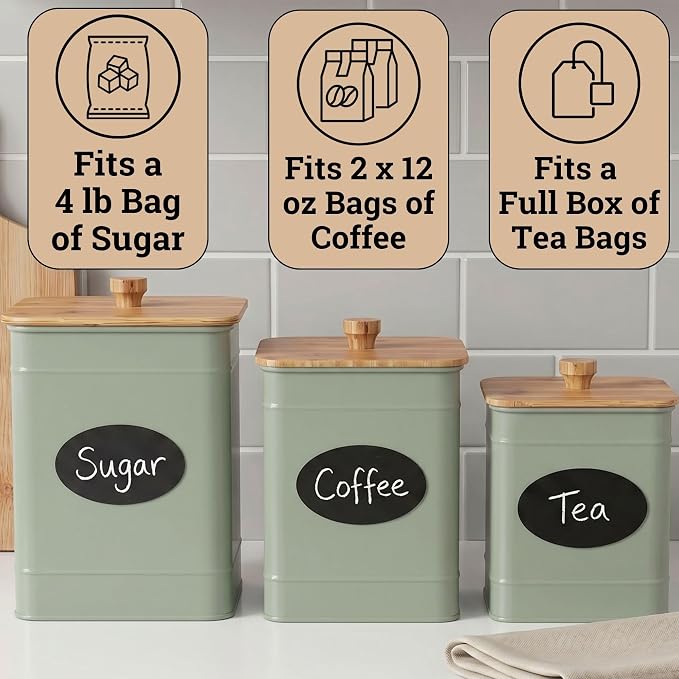 Kitchen Canisters for Countertop Set of 3 w/ Chalkboard Labels & Marker Pen | Airtight Easy Open Bamboo Lids, Dent-Resistant Thick Metal, Customizable Chalkboard Labels, Marker Pen Included, Set of 3 - Image 3