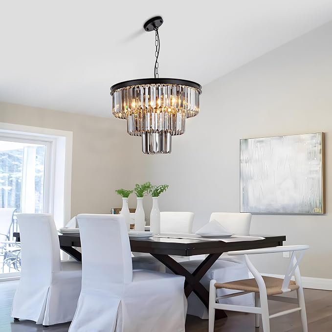 8 Light Black Crystal Chandelier 20'' Luxury Smoke Modern Dining Room Light Fixture 3-Tier Round Hanging Pendant Ceiling Lighting for Entryway Foyer Living Room Adjustable Height E12 - Image 2
