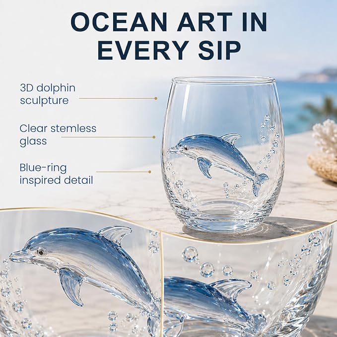 Coastal Stemless Wine Glasses Set of 4, 12oz 3D Ocean Animal Artisan Glassware Collection with Unique Sea Life Designs (C - Set of 1) - Image 2