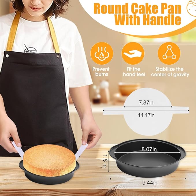8" Round Cake Pan, 3PCS Nonstick Cake Pans with 100 PCS Parchment Paper, Carbon Steel Cake Baking Pans with Handle, Dishwasher Safe - Image 2