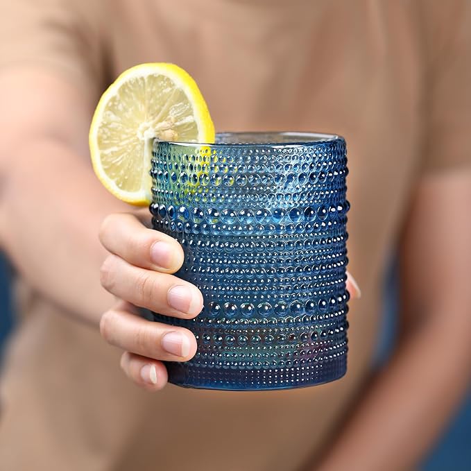 KMIGRUAN Hobnail Drinking Glasses Set of 6,12oz Blue Vintage Glassware,Cocktail Glasses,Embossed Glass Cups,Water Tumbler for Whiskey, Juice and Various Mixed Drinks - Image 5