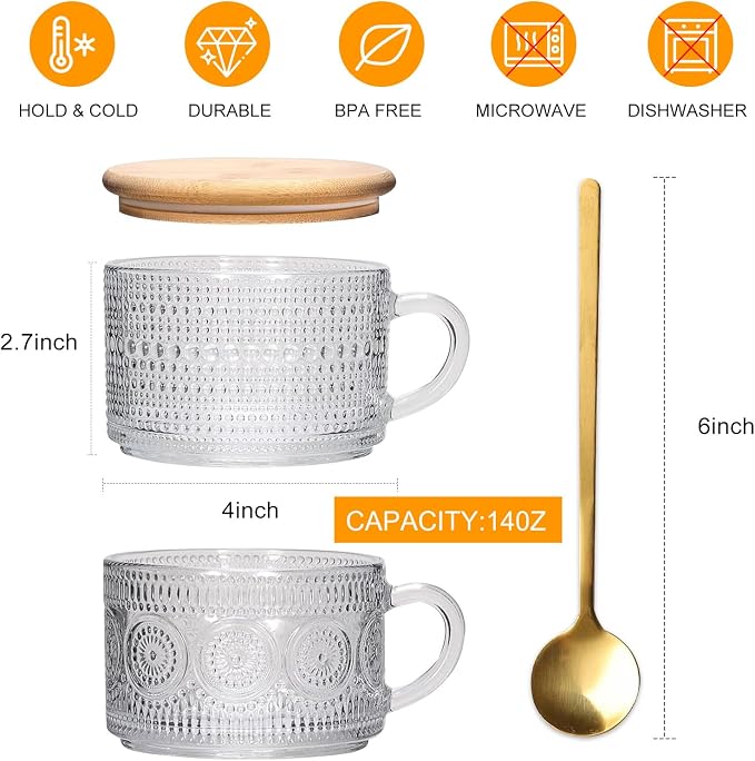 Vintage Coffee Mugs 4pcs Set, 14 Oz Glass Coffee Cups Gifts for Women, Overnight Oats containers with Bamboo Lids and Spoons,Clear Embossed Glass Cups,Cute Coffee Bar Accessories, Iced Coffee Glasses | Clear - Image 7