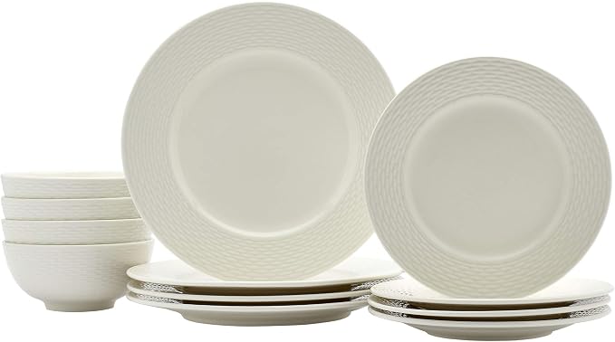 TTU Tabletops Gallery Embossed Bone White Porcelain Round Dinnerware Collection- Chip Resistant Scratch Resistant, Dubai 12 Piece Dinnerware Set (Dinner Plate, Salad Plate, Cereal Bowl) - Image 6