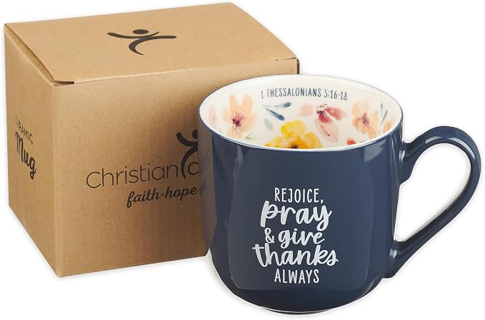 Christian Art Gifts Large Inspirational Ceramic Coffee & Tea Scripture Mug for Women: Rejoice, Pray & Give Thanks Encouraging Bible Verse, Microwave/Dishwasher Safe Cup, Navy & White Multicolor Floral - Image 7