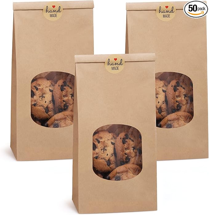 Eupako 4.5x2.36x9.6 Bakery Bags with Window 50 PCS Brown Kraft Paper Bags | Tin Tie Tab Lock Bags for Cookies, Coffee, Included 50 PCS Handmade Stickers by Eupako