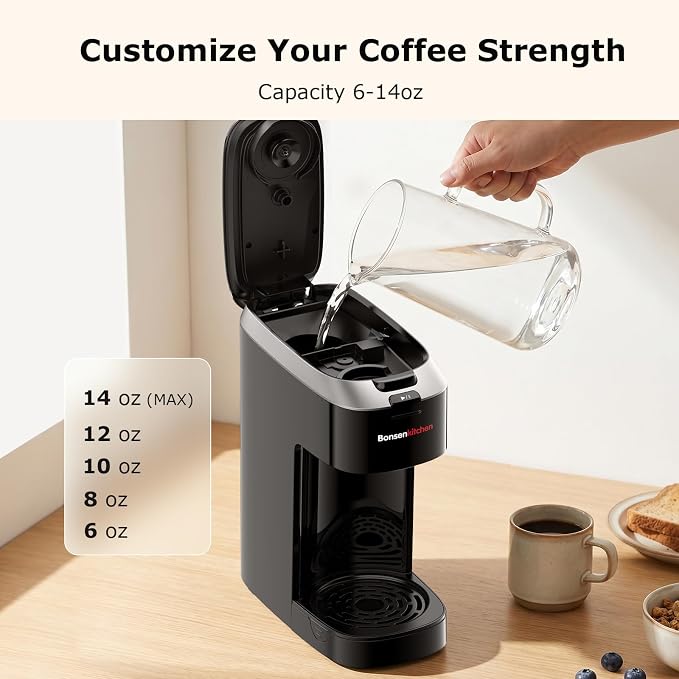 Bonsenkitchen 2-in-1 Single Serve Coffee Maker for K Cup & Ground Coffee | Fast Brewing (6-14oz), Travel Mugs Friendly, Space-Saving for Home，Office，Dorm - Image 6