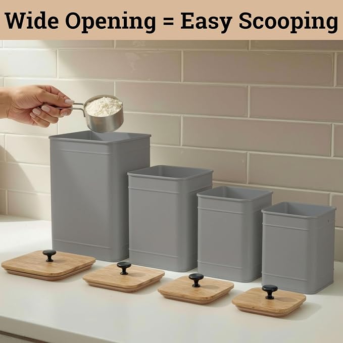 Kitchen Canisters for Countertop Set of 4 w/ Chalkboard Labels & Marker Pen | Airtight Easy Open Bamboo Lids, Dent-Resistant Thick Metal, Customizable Chalkboard Labels, Marker Pen Included, Set of 4 - Image 8