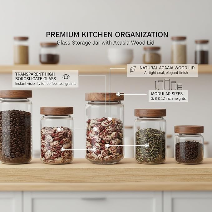 Clear Glass Storage Jars with Acacia Wood Lids for Pantry Organization - Dry Food Containers for Kitchen Countertops - Image 4