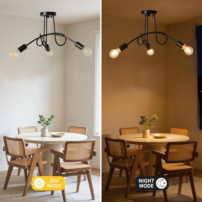 Modern Farmhouse Chandelier,22 Inch 3 Light Sputnik Semi Flush Mount Ceiling Light, Metal Black Rustic Light Fixture for Dining Room Bedroom Kitchen Hallway Entryway - Image 6