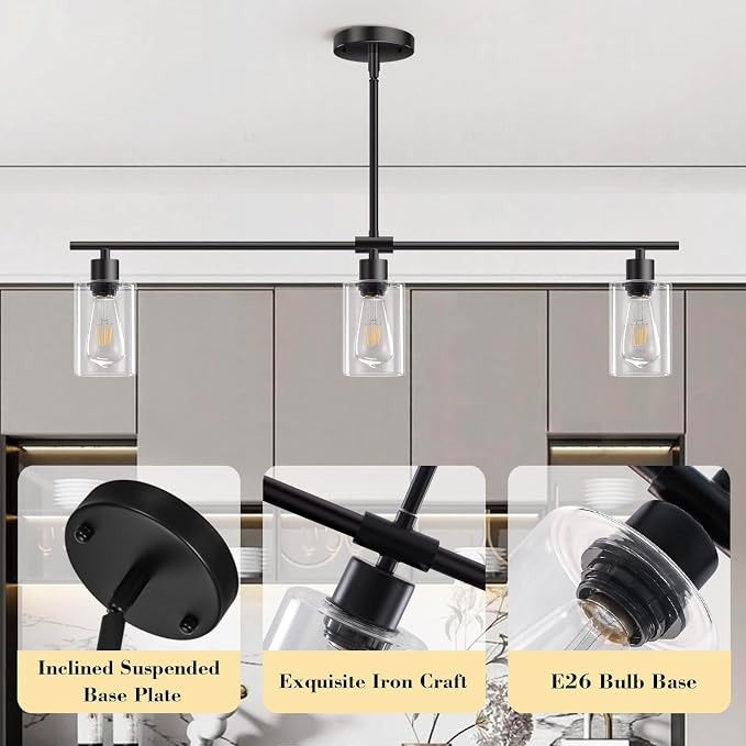 Kitchen Island Lighting, 3 Lights Linear Chandeliers Rectangle Pendant Light Fixtures for Dining Room Farmhouse Hanging Light with Glass Shades(Black) - Image 6