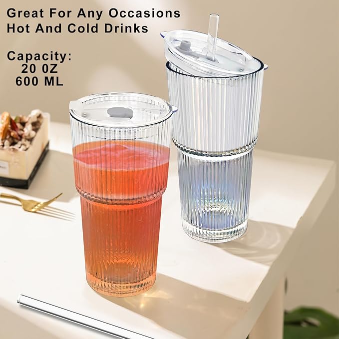 20oz Glass Tumblers with Lids and Glass Straws, Thickened for Iced Coffee, Smoothies,Cocktails and Juices-Elegant Durable for Home, Office,Travel (Rainbow)