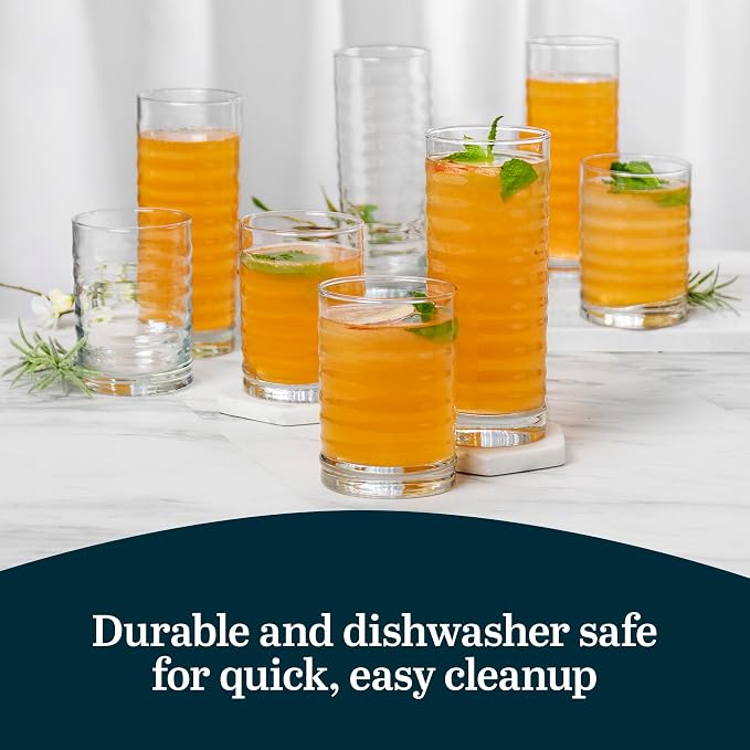 Libbey Pueblo Tumblers and Rocks Glass Cups Set, Wavy and Groovy Drinking Glasses Set of 16, Dishwasher Safe Modern Glassware for Everyday Use - Image 5