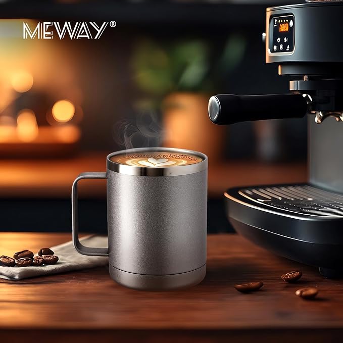 MEWAY 12oz Coffee Mug With Handle and Sliding Lid,Stainless Steel Travel Tumbler Cup with Handle,Double Wall Vacuum Insulated Camping Cup for Hot & Cold Drinks Tea (Cold Grey,Set of 1 - Image 6