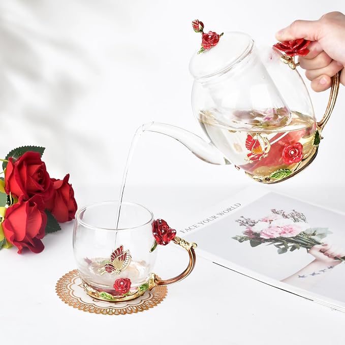 Enamel Glass Flower Tea Pot With Removable Loose Tea Leaf Infuser Tea Maker Teapot Set 30.4OZ Gifts for Women,Mom,Birthday | Tea Maker With Removable Loose Tea Leaf Infuser,Teapot Set,Heat & Cold Resistant,Shatterproof - Image 4