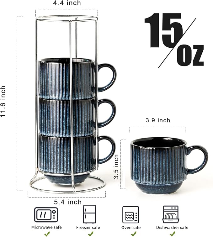 glowworm Coffee Mugs Set of 4, 15 Oz Stackable Coffee Mugs with Rack, Ceramic Cups for Home, Office, Housewarming & Engagement Gifts, Microwave & Dishwasher Safe, Navy Blue - Image 2
