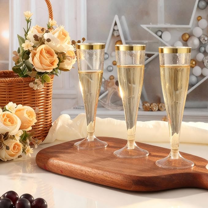 Bestluck 100 Pack 4.5 oz Gold Glitter Champagne Flutes Plastic | Plastic Disposable Stemware with Gold Rim, Disposable Champagne Flutes for Party, Mimosa Bar, Wedding, Anniversary - Image 2