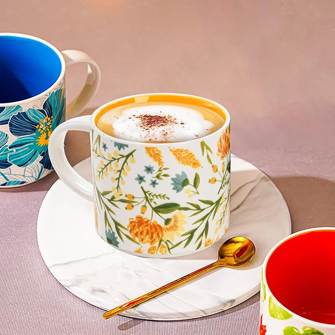 Frcctre Set of 4 Ceramic Coffee Mug Set, Large 15 Ounce Ceramic Tea Cup with Handle, Vintage Hand Painted Floral Porcelain Mug Colorful Restaurant Mug for Coffee, Tea, Milk, Hot Cocoa - Image 8