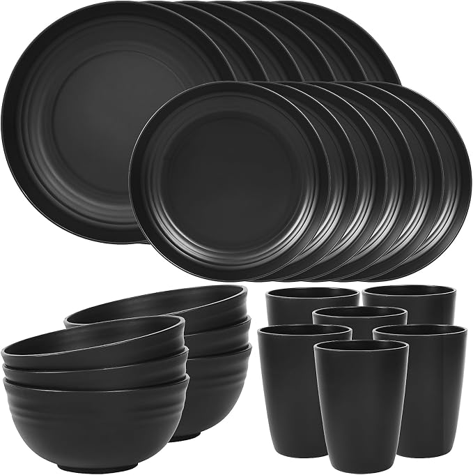 Quatish 24 Piece Plates and Bowls Sets for 6, Unbreakable Dinnerware Sets, Dish Set for Camping, Dishwasher Microwave Safe, Outdoor Kitchen and Apartment Dorm Dinning RV Essentials, Black by Quatish